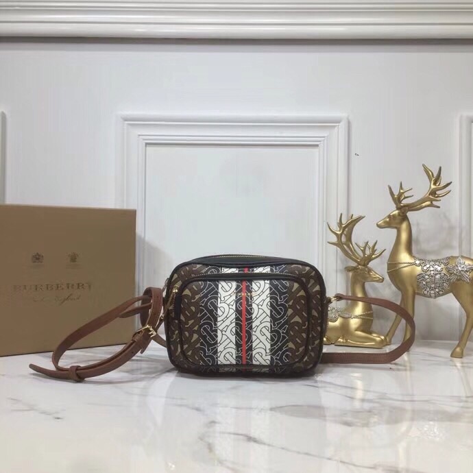 Burberry Monogram Stripe E-Canvas Camera Bag Bridle Brown For Women, Women’s Bags 19.5cm/7.7cm