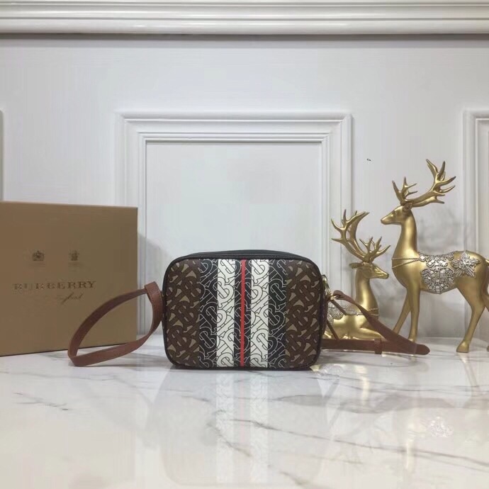 Burberry Monogram Stripe E-Canvas Camera Bag Bridle Brown For Women, Women’s Bags 19.5cm/7.7cm
