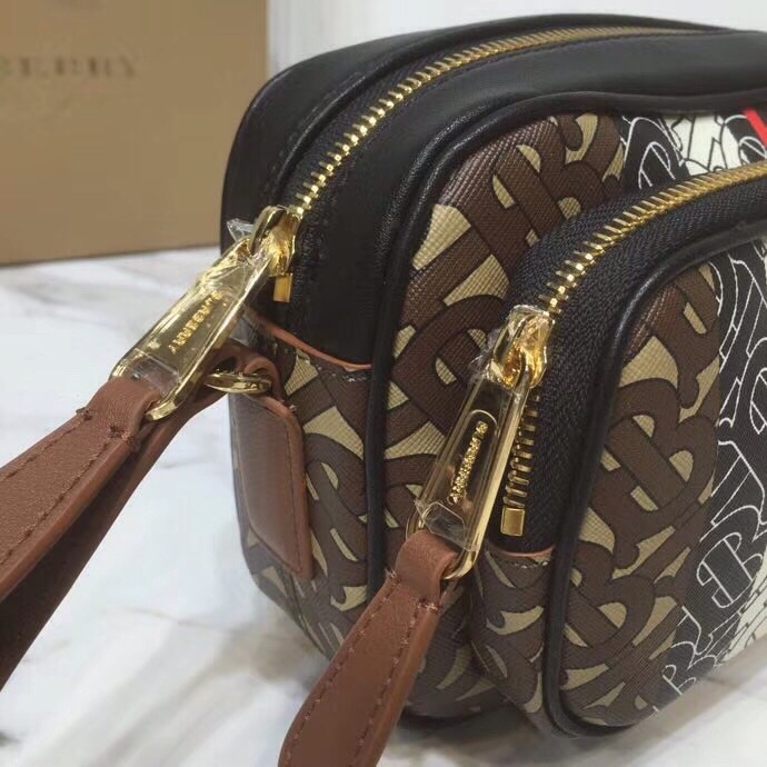 Burberry Monogram Stripe E-Canvas Camera Bag Bridle Brown For Women, Women’s Bags 19.5cm/7.7cm