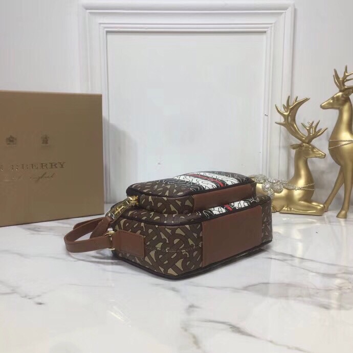 Burberry Monogram Stripe E-Canvas Camera Bag Bridle Brown For Women, Women’s Bags 19.5cm/7.7cm