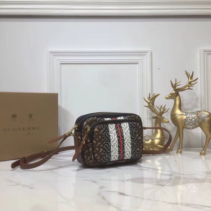 Burberry Monogram Stripe E-Canvas Camera Bag Bridle Brown For Women, Women’s Bags 19.5cm/7.7cm