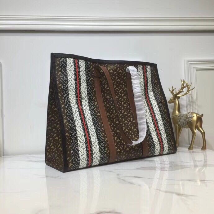 Burberry Monogram Stripe E-Canvas Portrait Tote Bag Bridle Brown For Women, Women’s Bags 15.7in/34cm