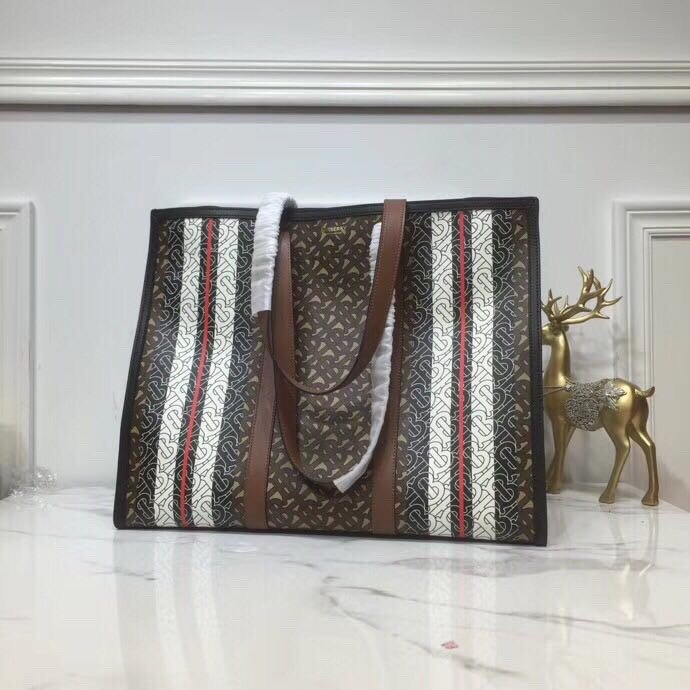 Burberry Monogram Stripe E-Canvas Portrait Tote Bag Bridle Brown For Women, Women’s Bags 15.7in/34cm