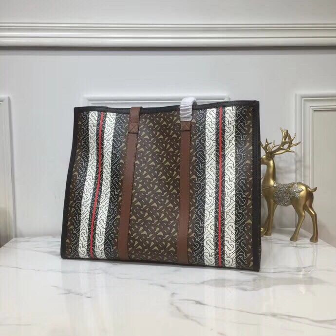 Burberry Monogram Stripe E-Canvas Portrait Tote Bag Bridle Brown For Women, Women’s Bags 15.7in/34cm