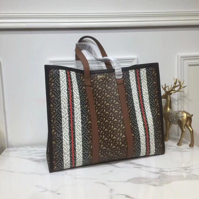 Burberry Monogram Stripe E-Canvas Portrait Tote Bag Bridle Brown For Women, Women’s Bags 15.7in/34cm