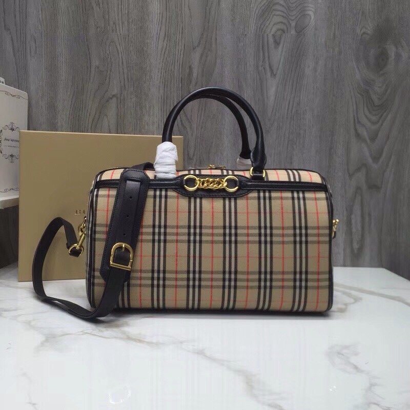 Burberry Small 1983 Check Link Bowling Bag Black/Brown For Women, Women’s Bags 9.1in/23cm