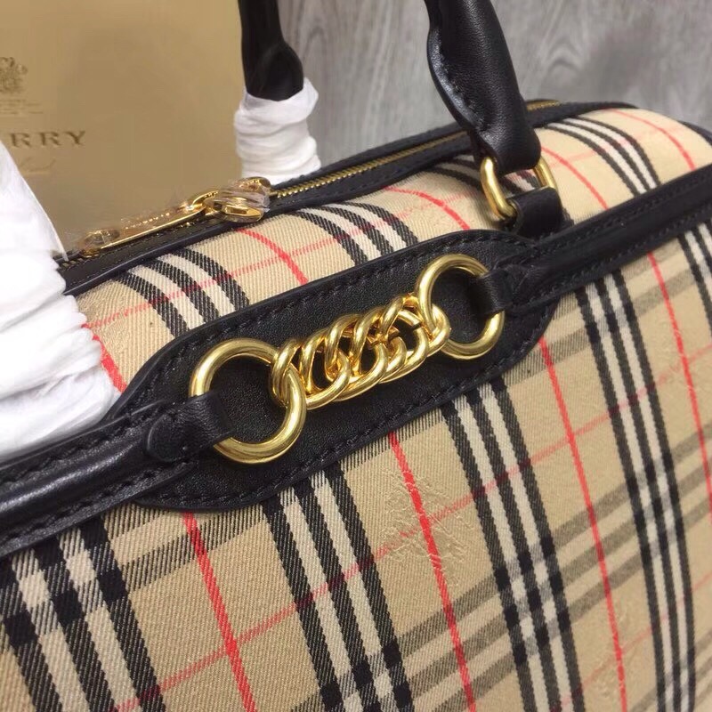 Burberry Small 1983 Check Link Bowling Bag Black/Brown For Women, Women’s Bags 9.1in/23cm
