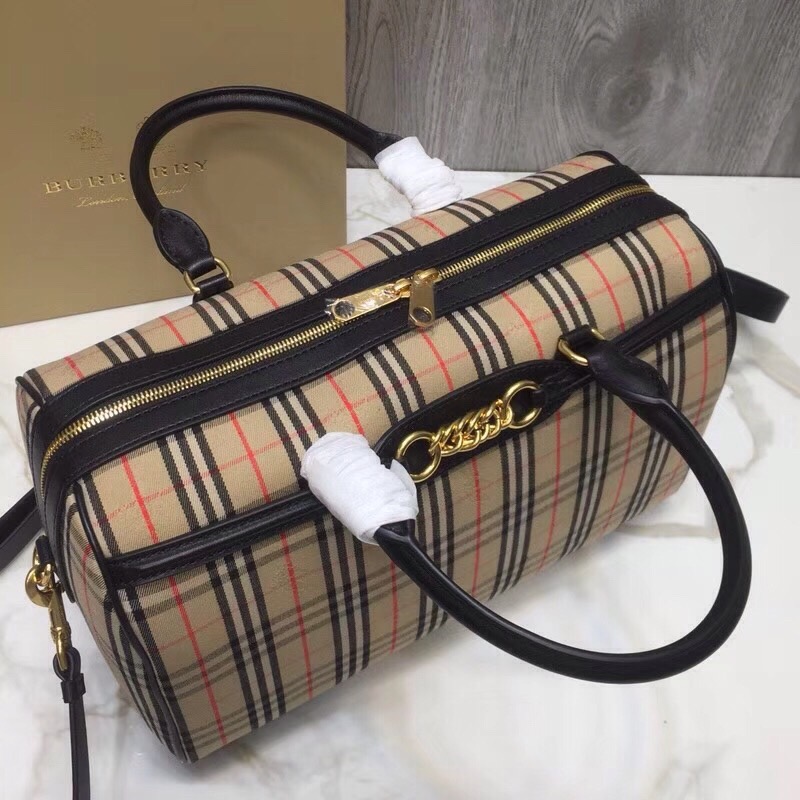 Burberry Small 1983 Check Link Bowling Bag Black/Brown For Women, Women’s Bags 9.1in/23cm