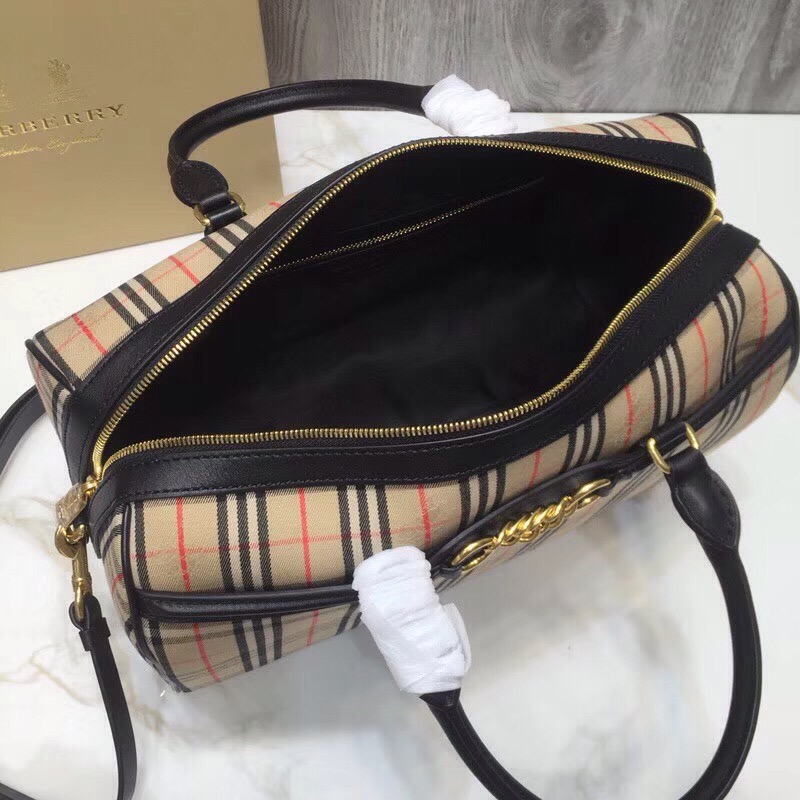 Burberry Small 1983 Check Link Bowling Bag Black/Brown For Women, Women’s Bags 9.1in/23cm