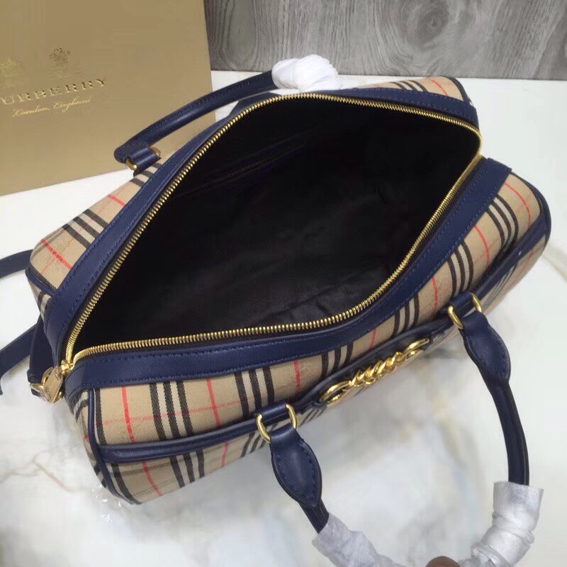 Burberry Small 1983 Check Link Bowling Bag Blue/Brown For Women, Women’s Bags 9.1in/23cm