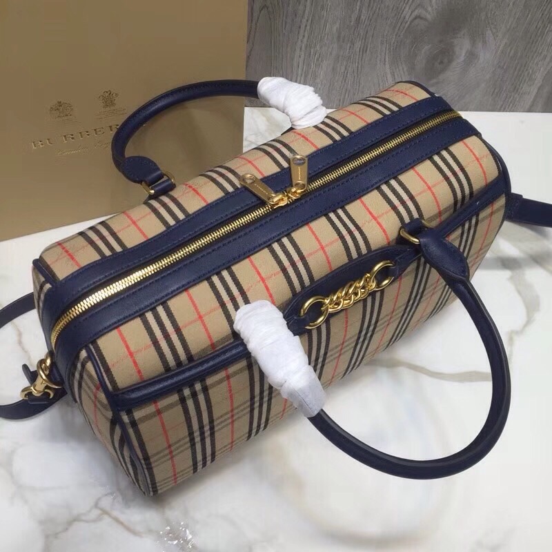 Burberry Small 1983 Check Link Bowling Bag Blue/Brown For Women, Women’s Bags 9.1in/23cm