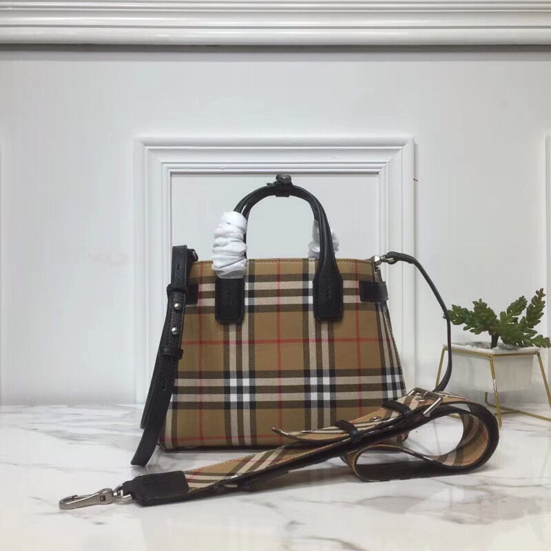 Burberry Small Banner Vintage Check And Tote Black For Women, Women’s Bags 10.5in/26cm