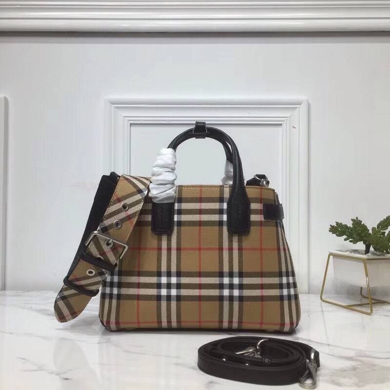 Burberry Small Banner Vintage Check And Tote Black For Women, Women’s Bags 10.5in/26cm