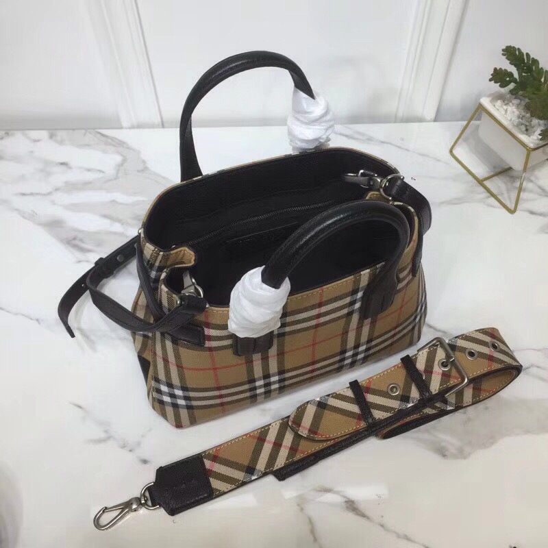Burberry Small Banner Vintage Check And Tote Black For Women, Women’s Bags 10.5in/26cm