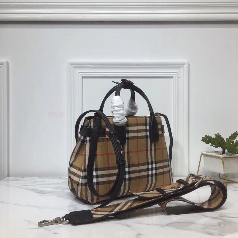 Burberry Small Banner Vintage Check And Tote Black For Women, Women’s Bags 10.5in/26cm
