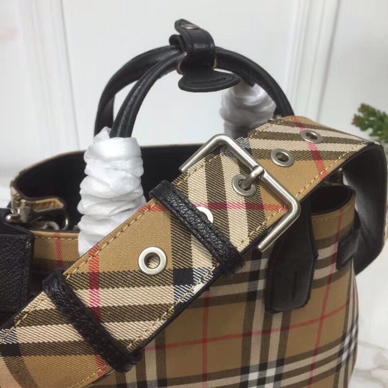 Burberry Small Banner Vintage Check And Tote Black For Women, Women’s Bags 10.5in/26cm