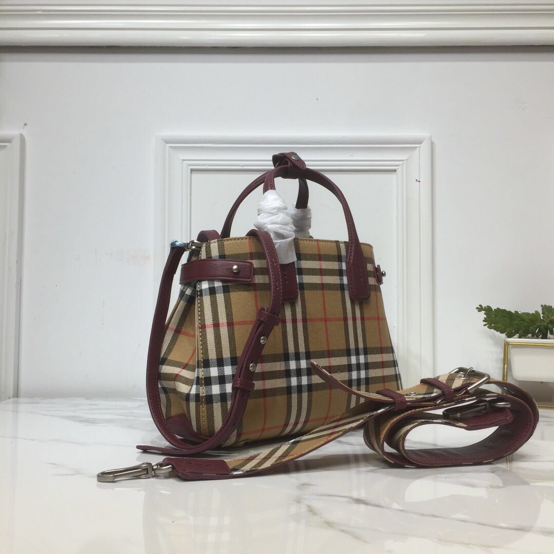 Burberry Small Banner Vintage Check And Tote Purple For Women, Women’s Bags 10.5in/26cm