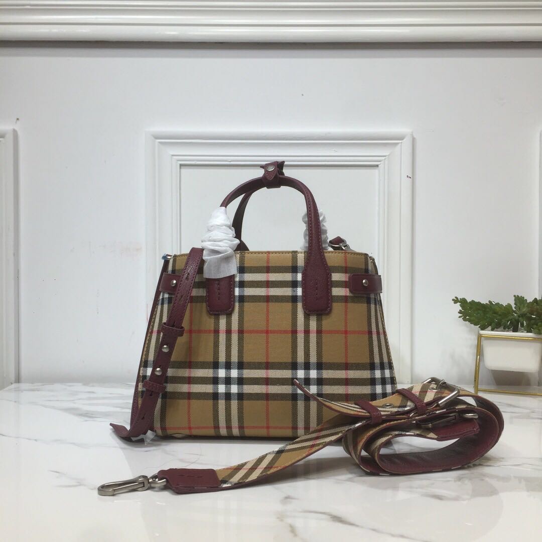 Burberry Small Banner Vintage Check And Tote Purple For Women, Women’s Bags 10.5in/26cm