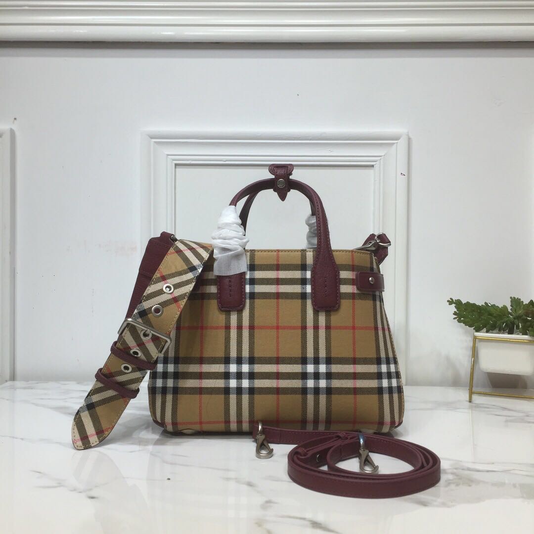Burberry Small Banner Vintage Check And Tote Purple For Women, Women’s Bags 10.5in/26cm