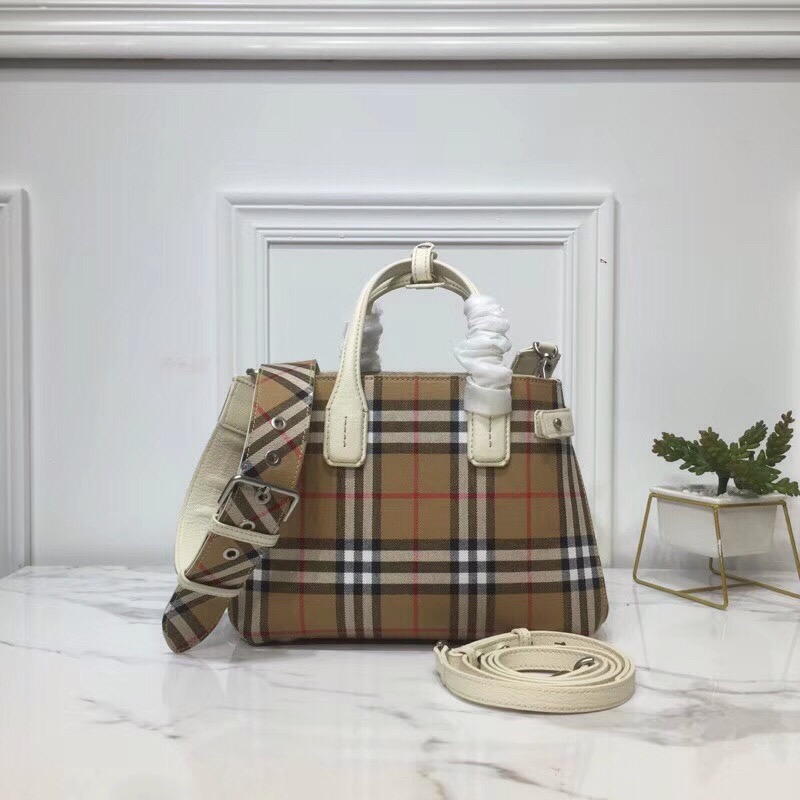 Burberry Small Banner Vintage Check And Tote White For Women, Women’s Bags 10.5in/26cm