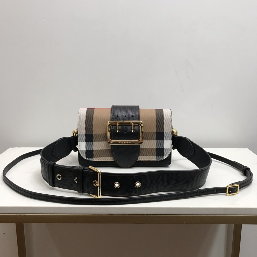 Burberry Small Bridle House Check And Buckle Crossbody Black For Women, Women’s Bags 7.8in/20cm