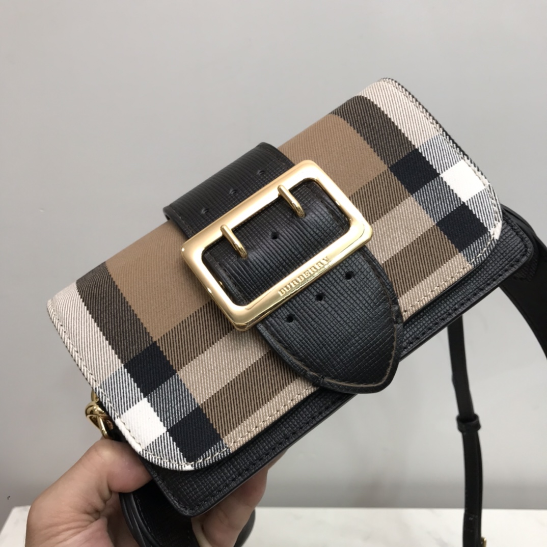 Burberry Small Bridle House Check And Buckle Crossbody Black For Women, Women’s Bags 7.8in/20cm