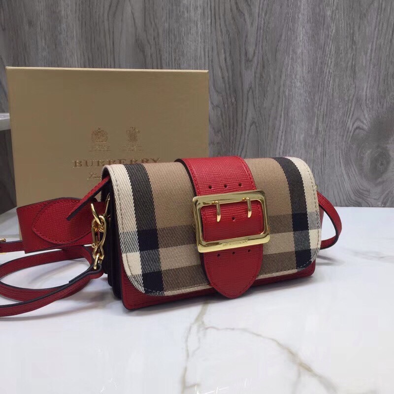 Burberry The Small Buckle Bag In House Check Red For Women, Women’s Bags 7.5in/19cm