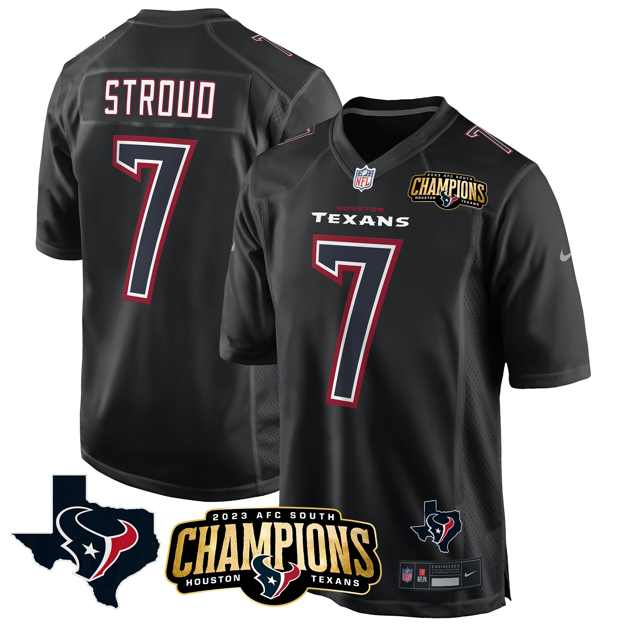 C.J. Stroud Men's Houston Texans 2023 AFC South Champions Patch Game Black Jersey - All Stitched 