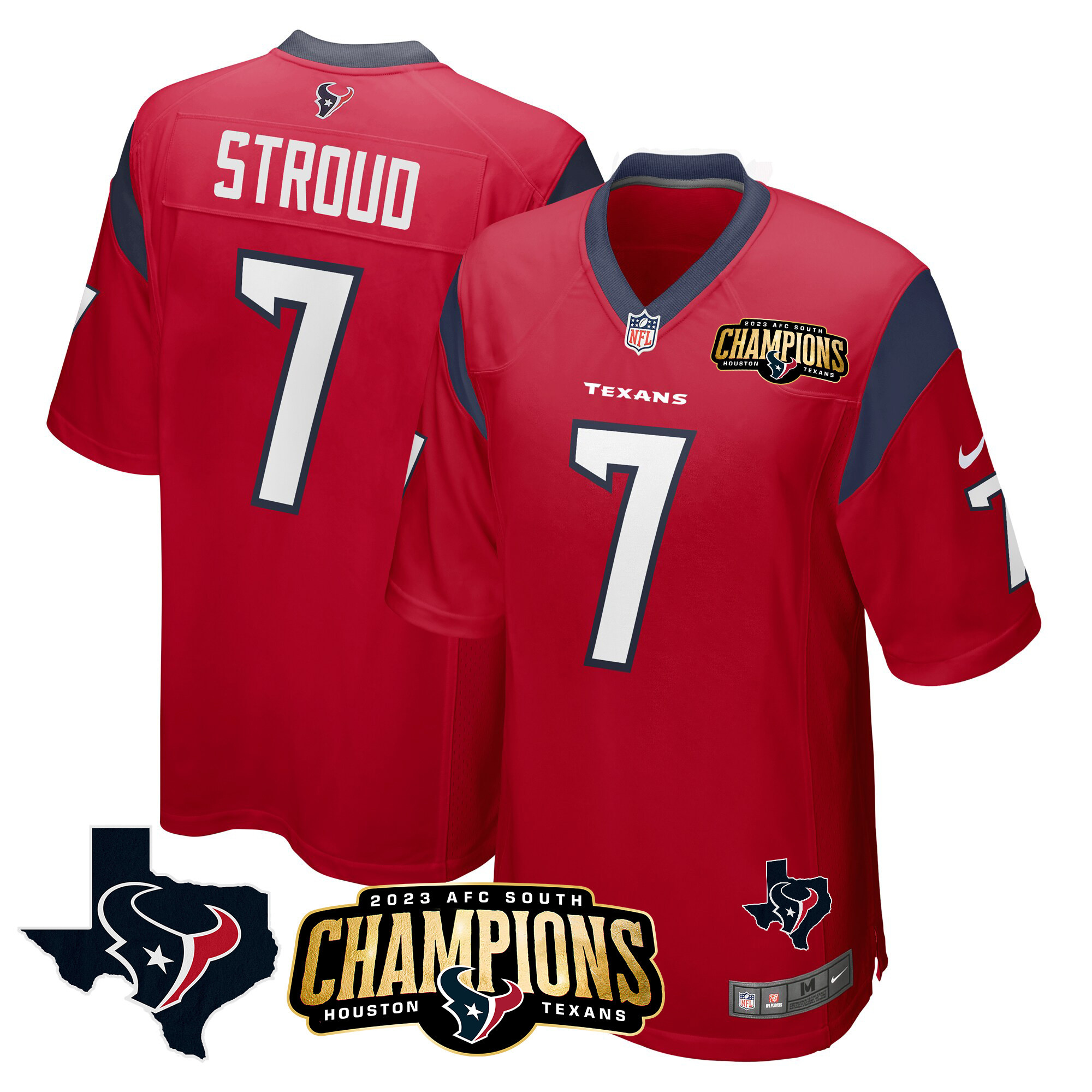 C.J. Stroud Men's Houston Texans 2023 AFC South Champions Patch Game Red Jersey - All Stitched 
