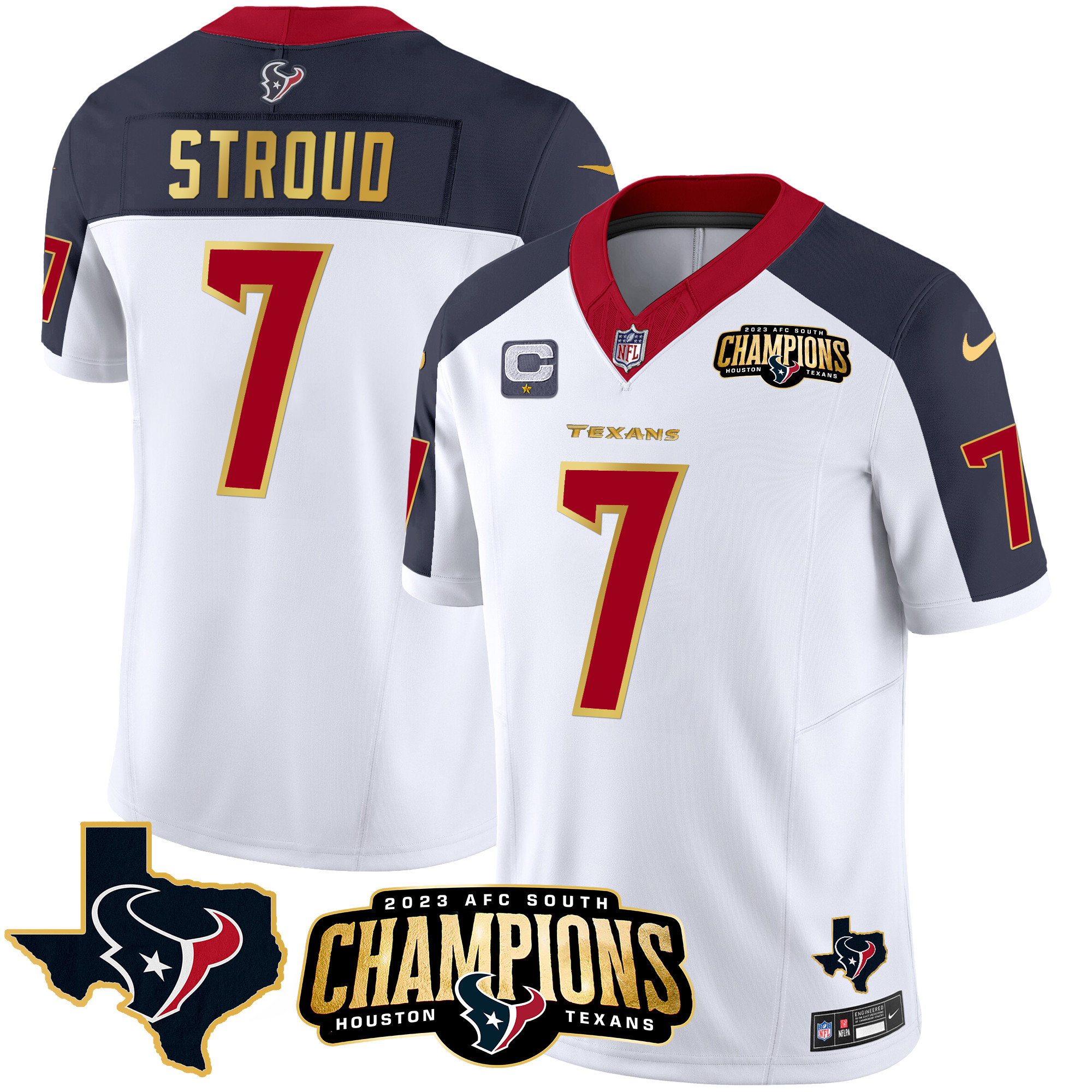 C.J. Stroud Men's Houston Texans 2023 AFC South Champions Patch Gold Trim Vapor Inverted Jersey - All Stitched 