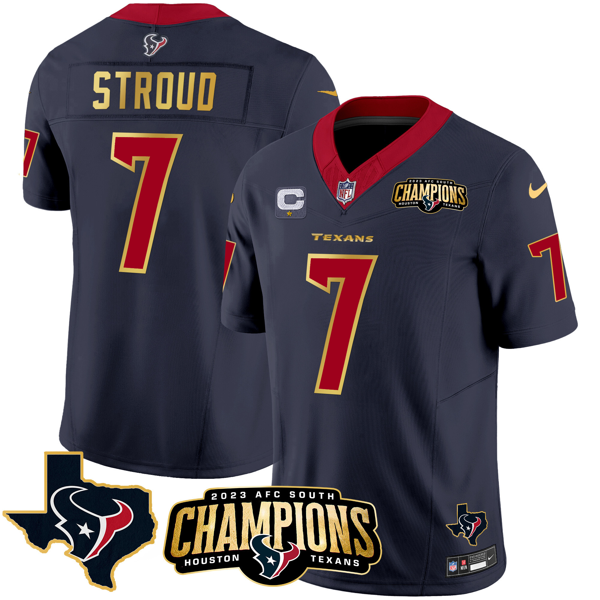 C.J. Stroud Men's Houston Texans 2023 AFC South Champions Patch Gold Trim Vapor Navy Jersey - All Stitched 