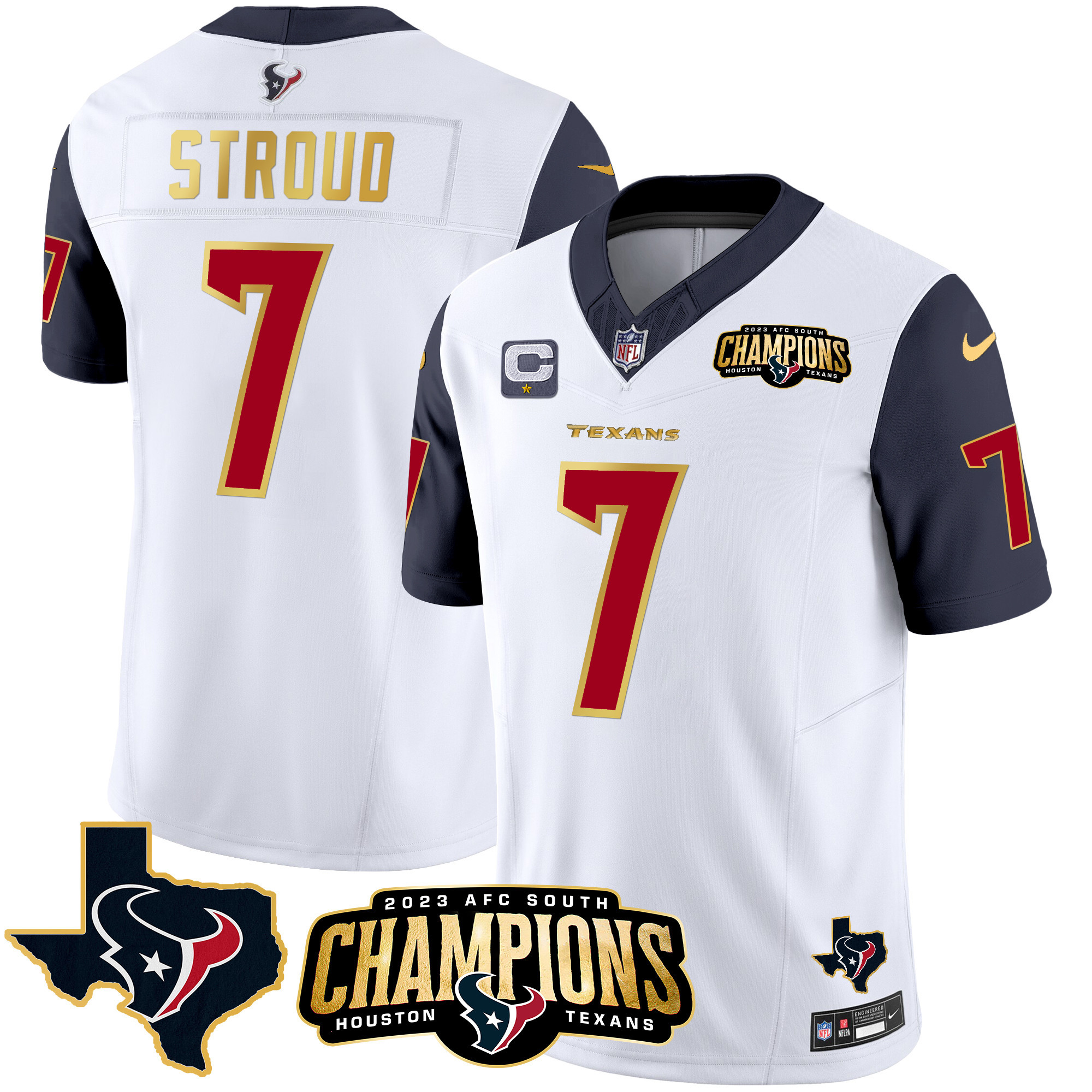 C.J. Stroud Men's Houston Texans 2023 AFC South Champions Patch Gold Trim Vapor Navy Sleeves Jersey - All Stitched 