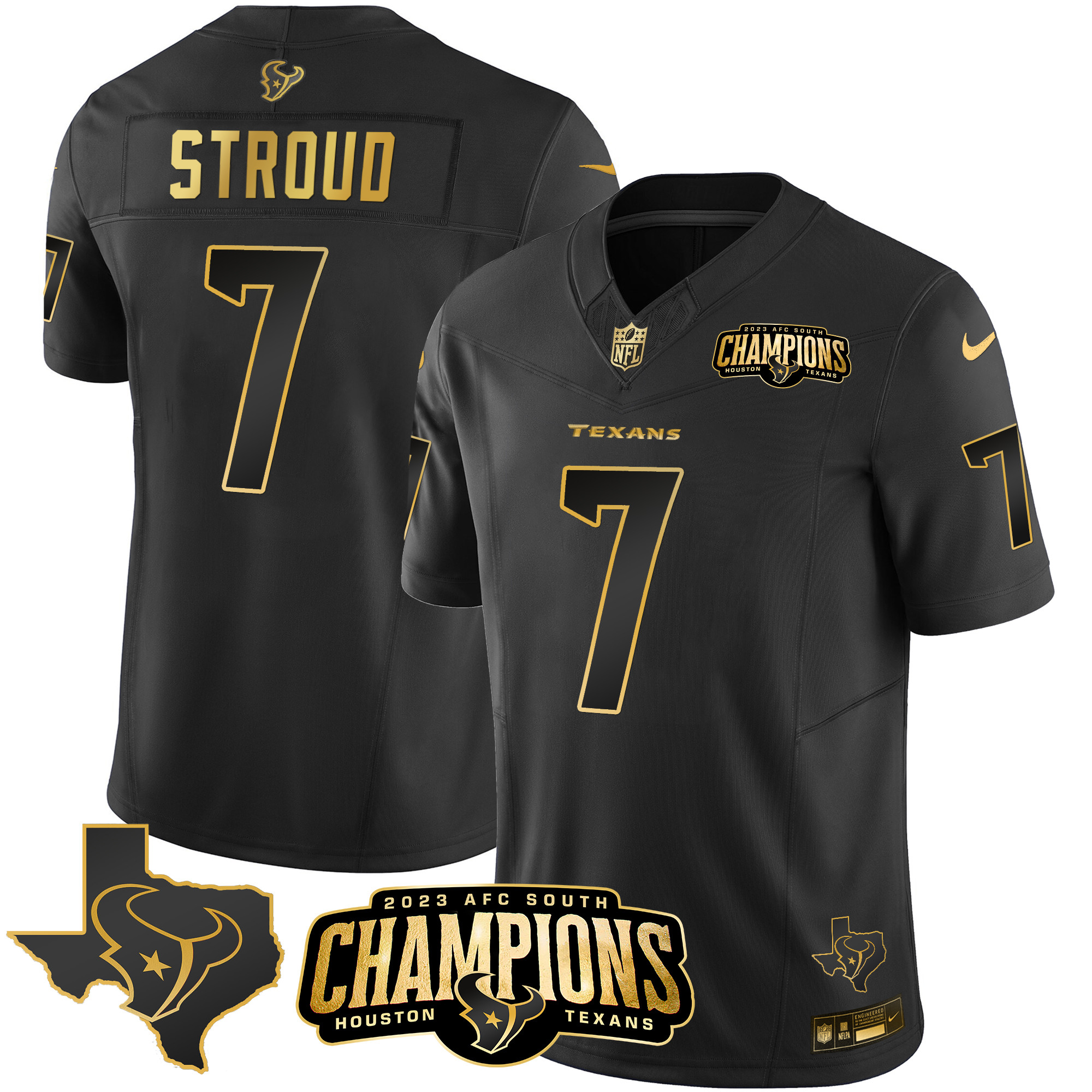 C.J. Stroud Men's Houston Texans 2023 AFC South Champions Patch Gold Vapor Black Gold Jersey - All Stitched 
