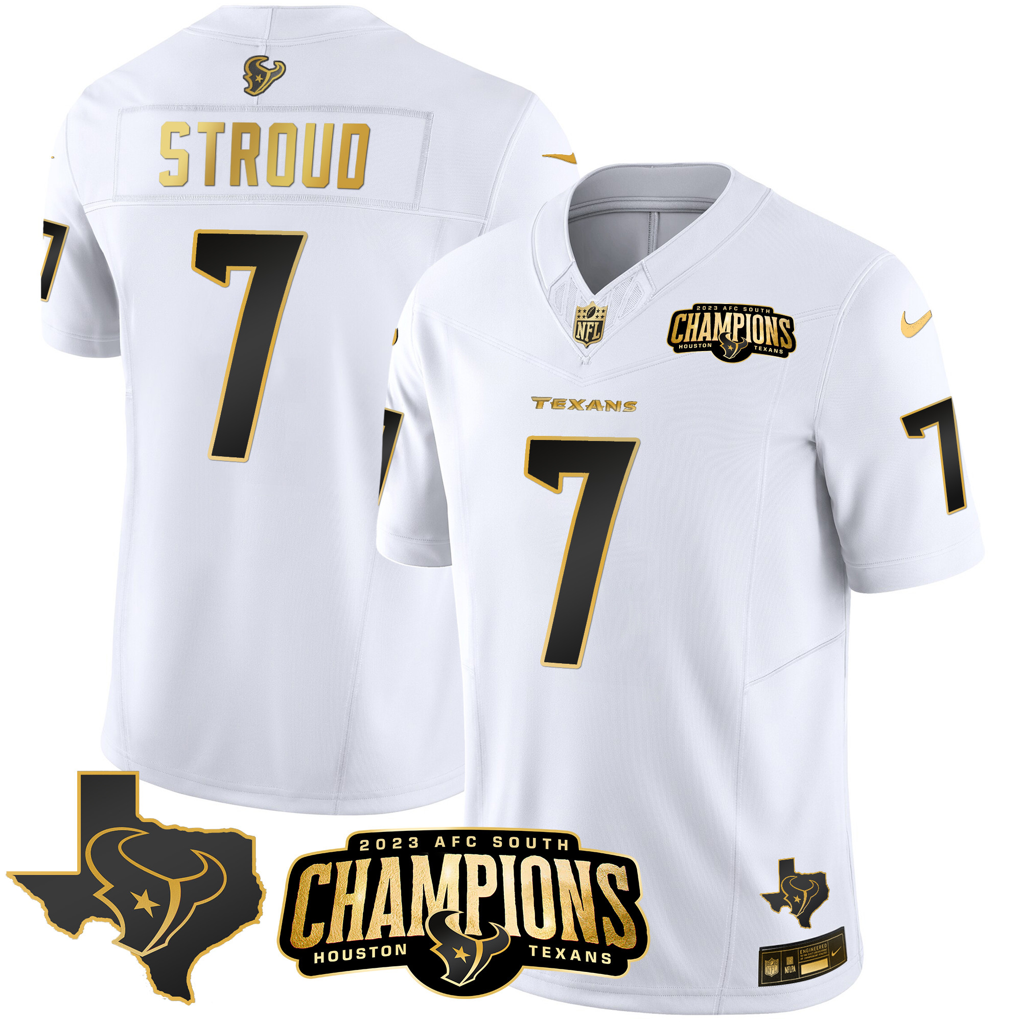 C.J. Stroud Men's Houston Texans 2023 AFC South Champions Patch Gold Vapor White Gold Jersey - All Stitched 