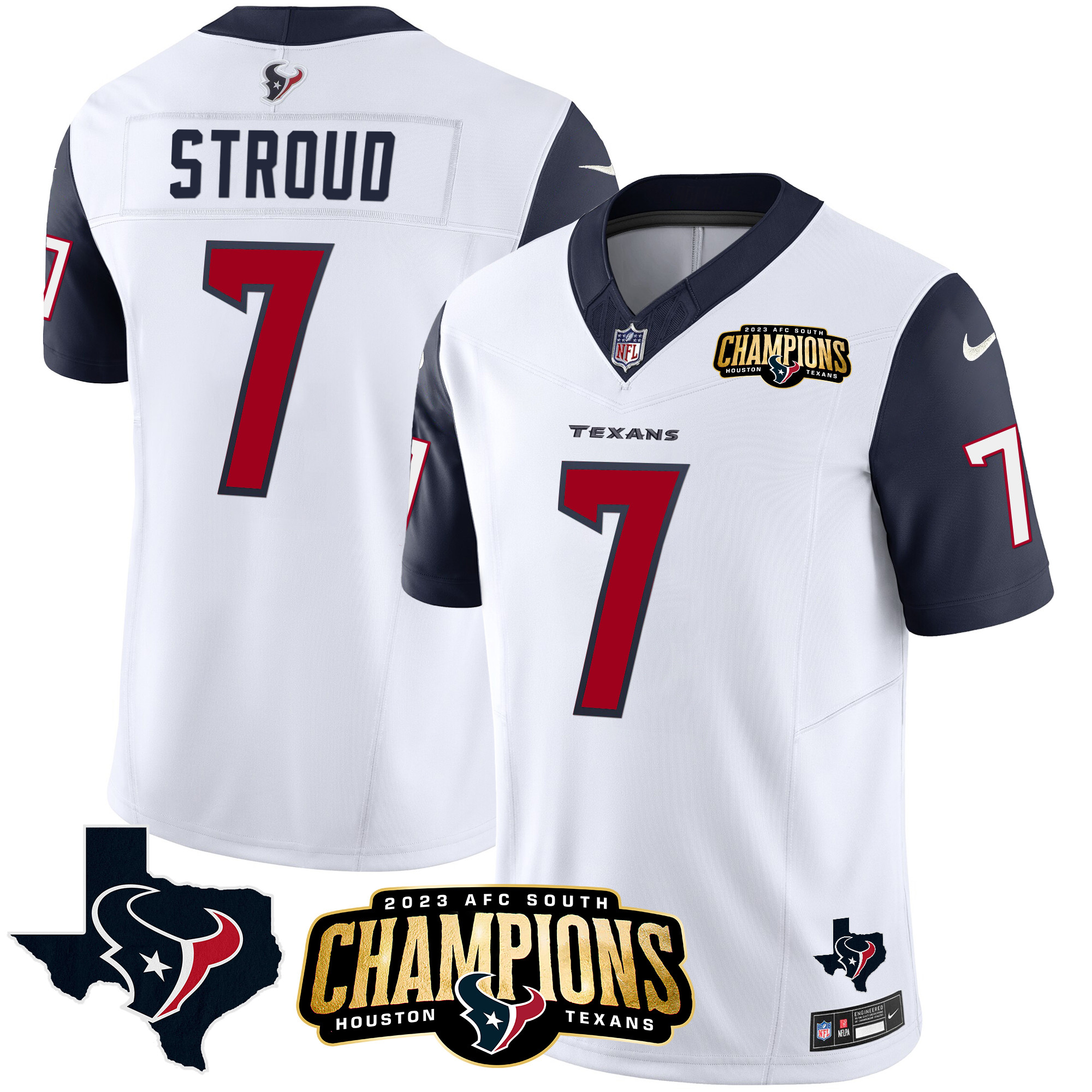 C.J. Stroud Men's Houston Texans 2023 AFC South Champions Patch Vapor Navy Sleeves Jersey - All Stitched 