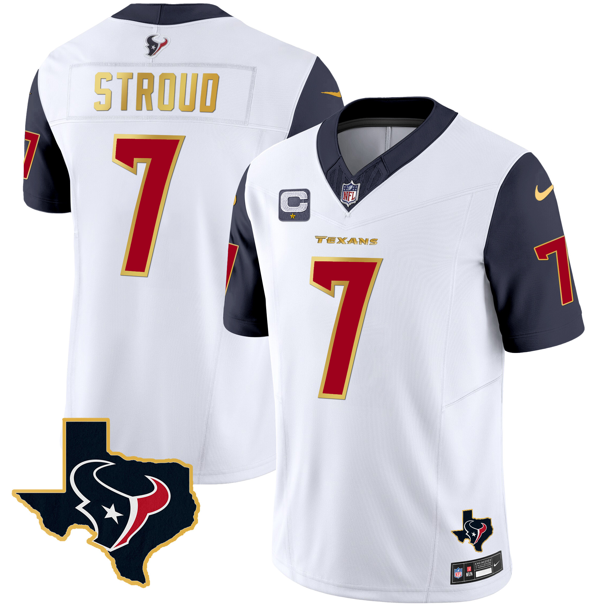 C.J. Stroud Men's Houston Texans Gold Trim Vapor Navy Sleeves Jersey - All Stitched 