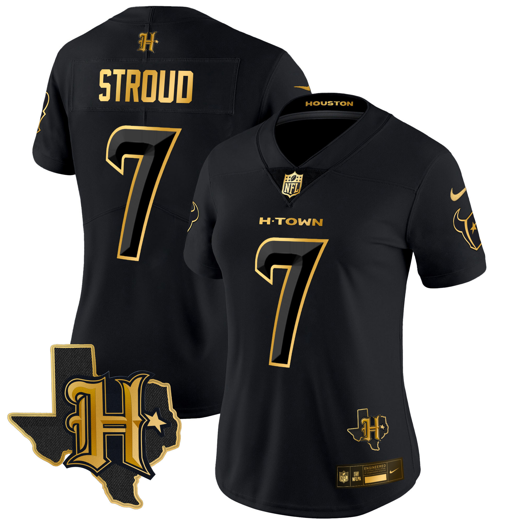 C.J. Stroud Women's Houston Texans 2024 Texas Patch Gold Vapor Limited Black Gold Jersey - All Stitched  - Image 1