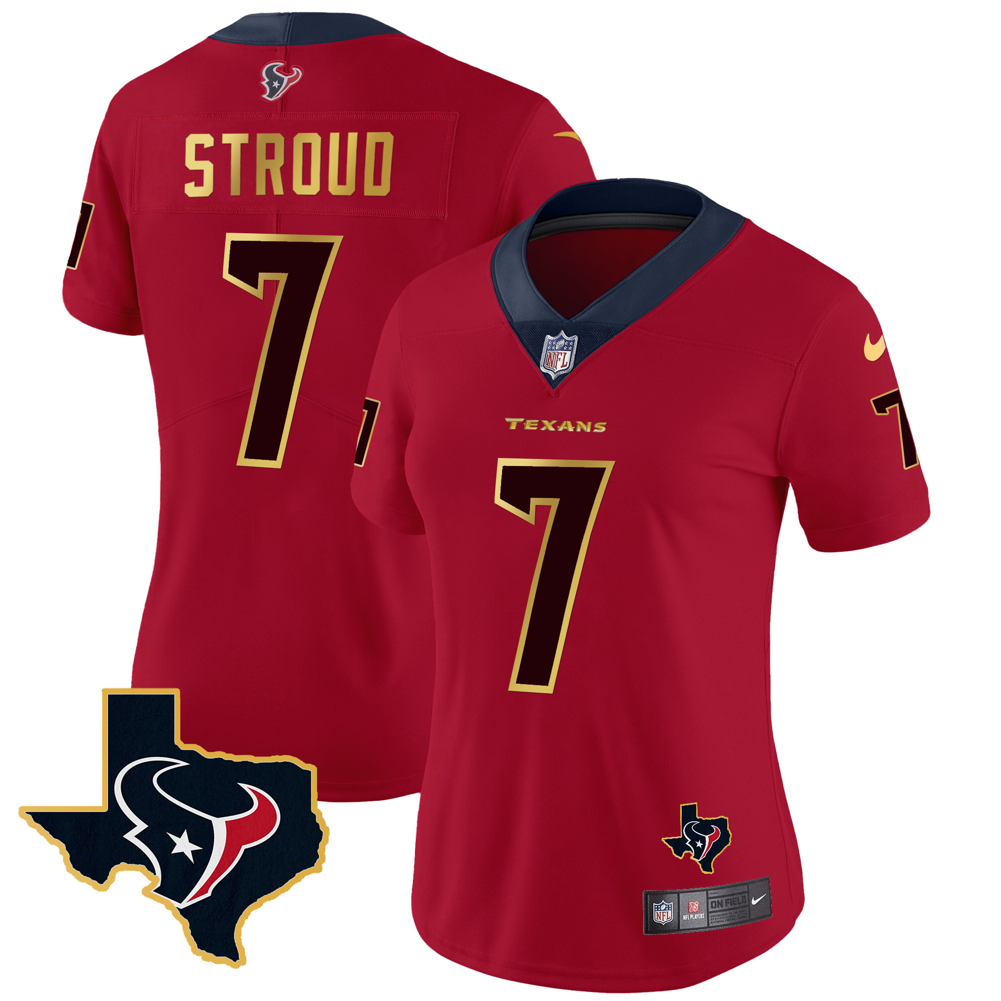 C.J. Stroud Women's Houston Texans Gold Trim Vapor Red Jersey - All Stitched 