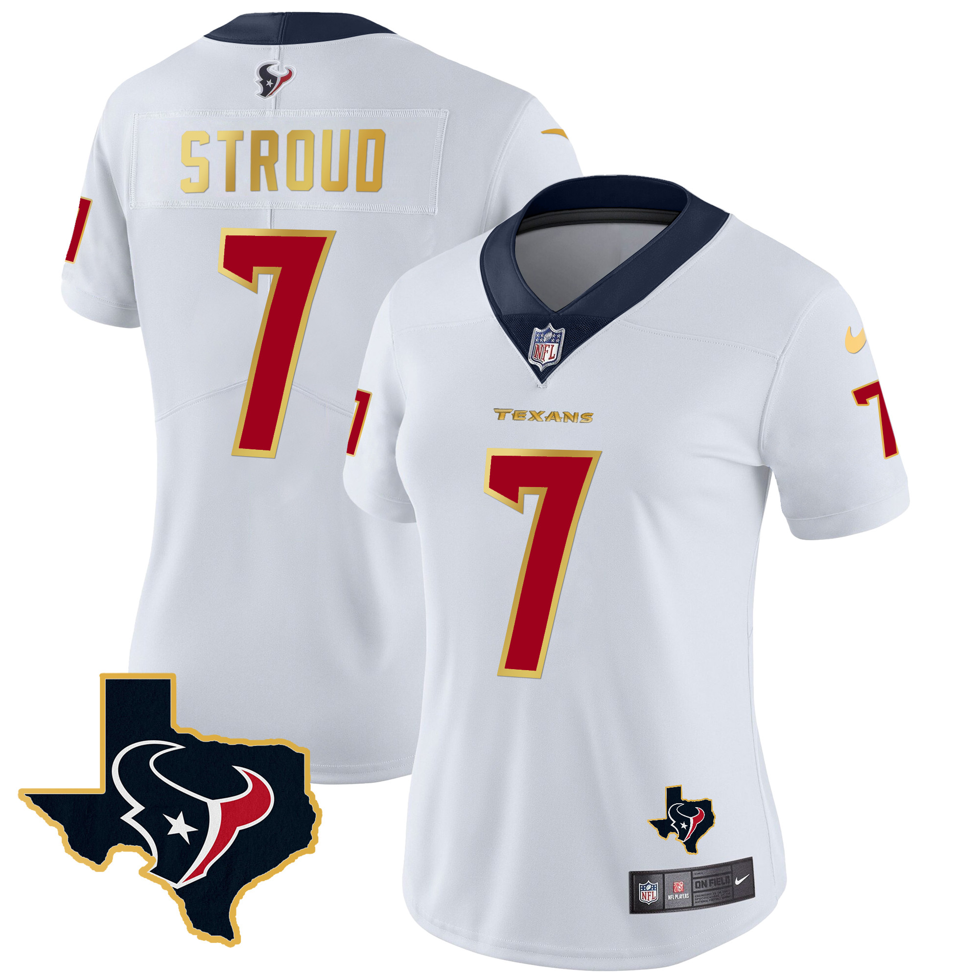 C.J. Stroud Women's Houston Texans Gold Trim Vapor White Jersey - All Stitched 