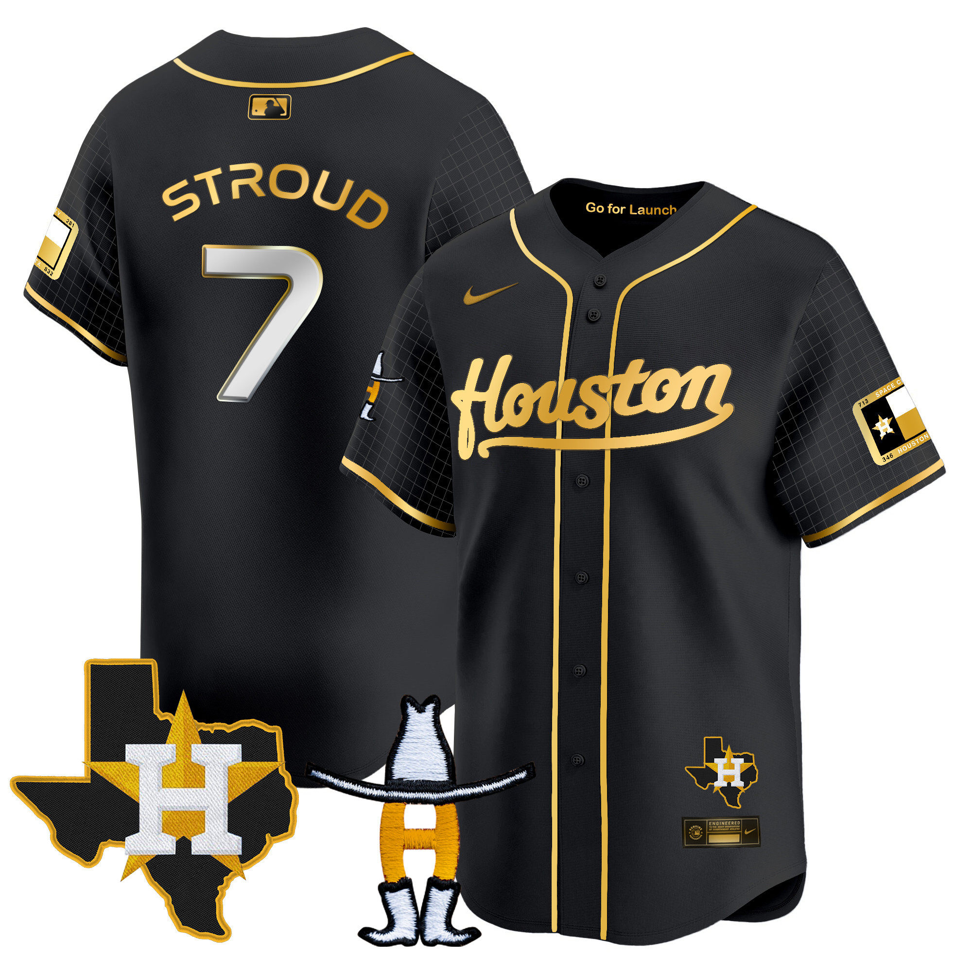 C.J Stroud Men's Houston Astros Space City Houston Rodeo Patch Vapor Premier Limited Black Gold Jersey - All Stitched