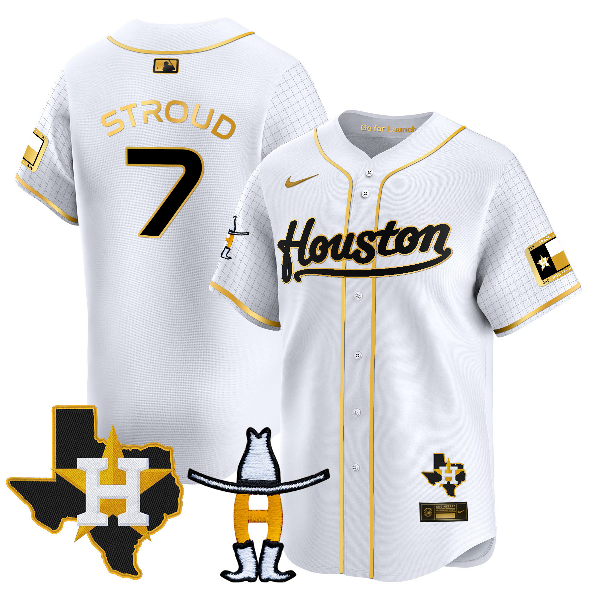 C.J Stroud Men's Houston Astros Space City Houston Rodeo Patch Vapor Premier Limited White Gold Jersey - All Stitched