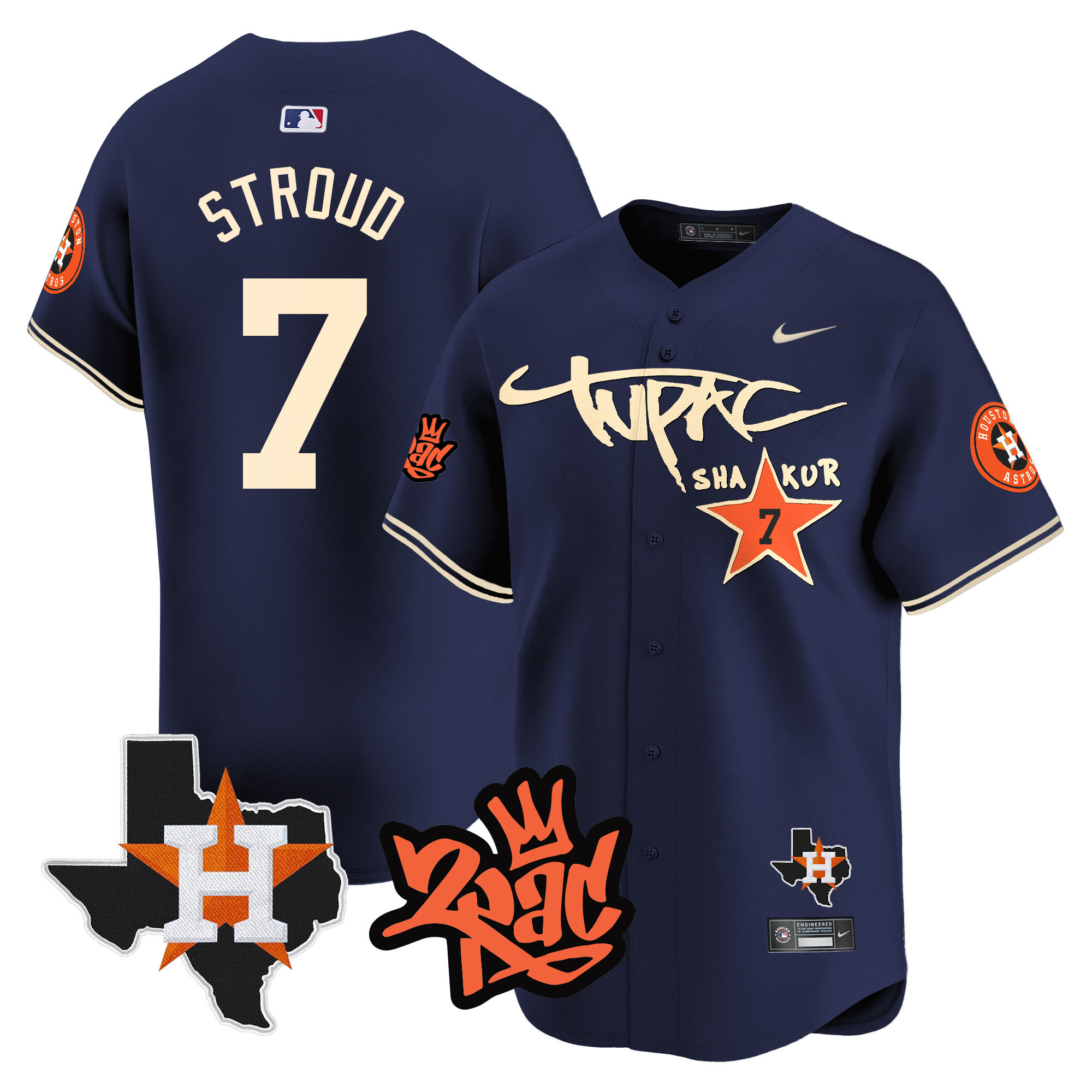 C.J Stroud Men's Houston Astros Tupac Shakur Vapor Premier Limited Navy Jersey - All Stitched