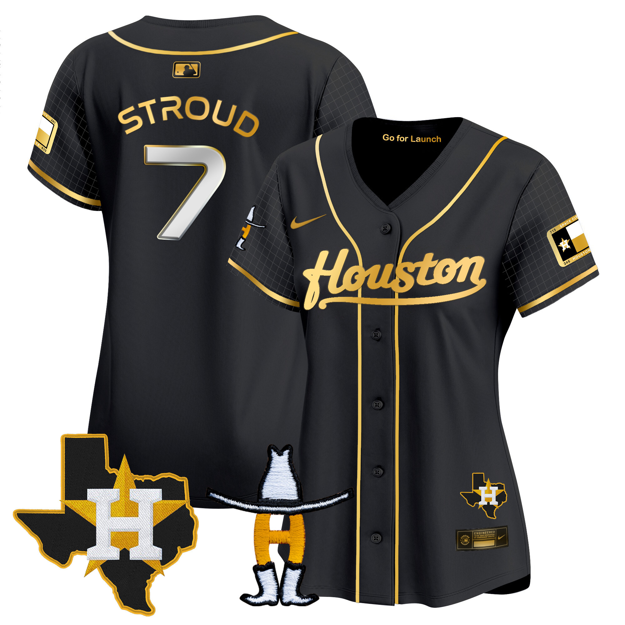 C.J Stroud Women's Houston Astros Space City Houston Rodeo Patch Vapor Premier Limited Black Gold Jersey - All Stitched