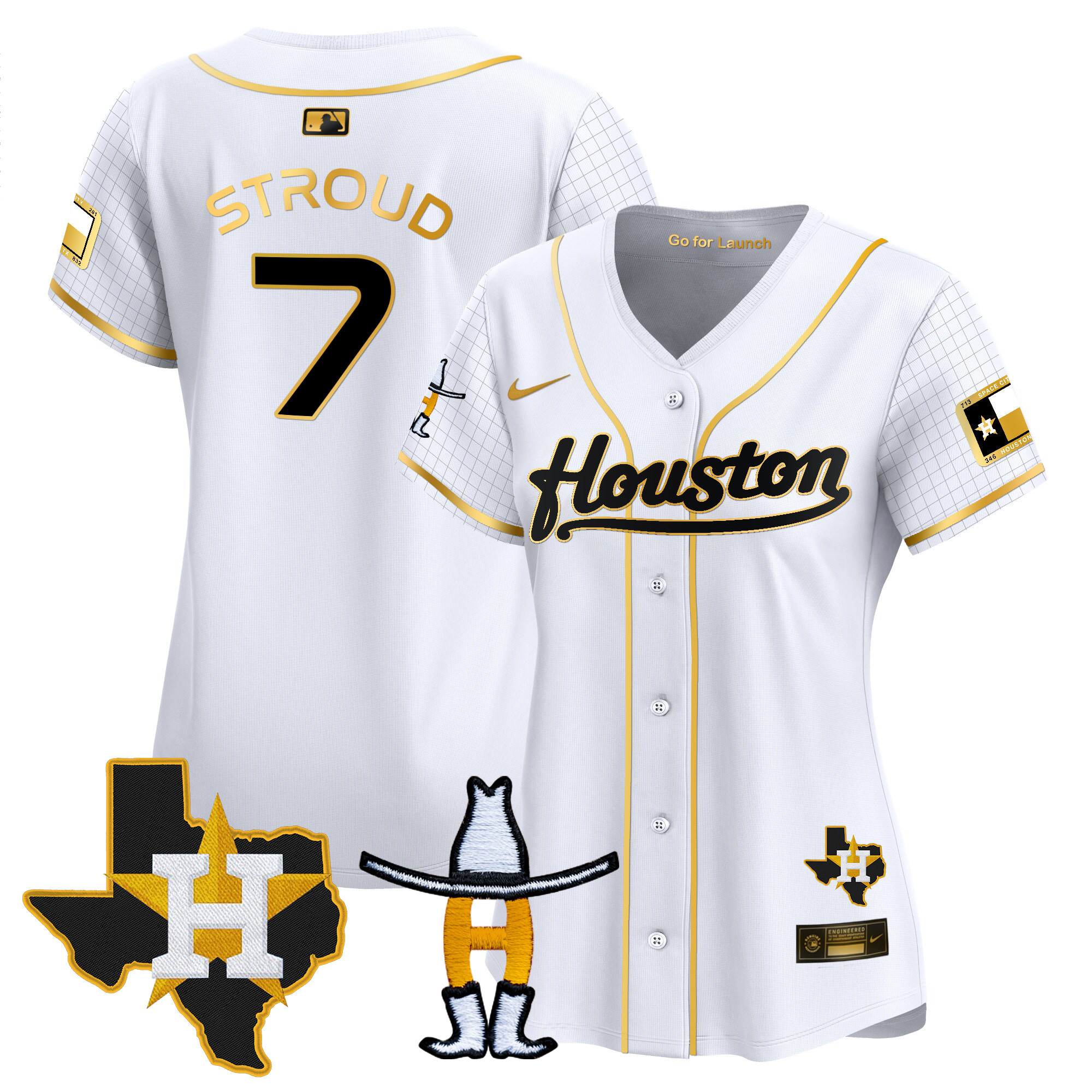 C.J Stroud Women's Houston Astros Space City Houston Rodeo Patch Vapor Premier Limited White Gold Jersey - All Stitched