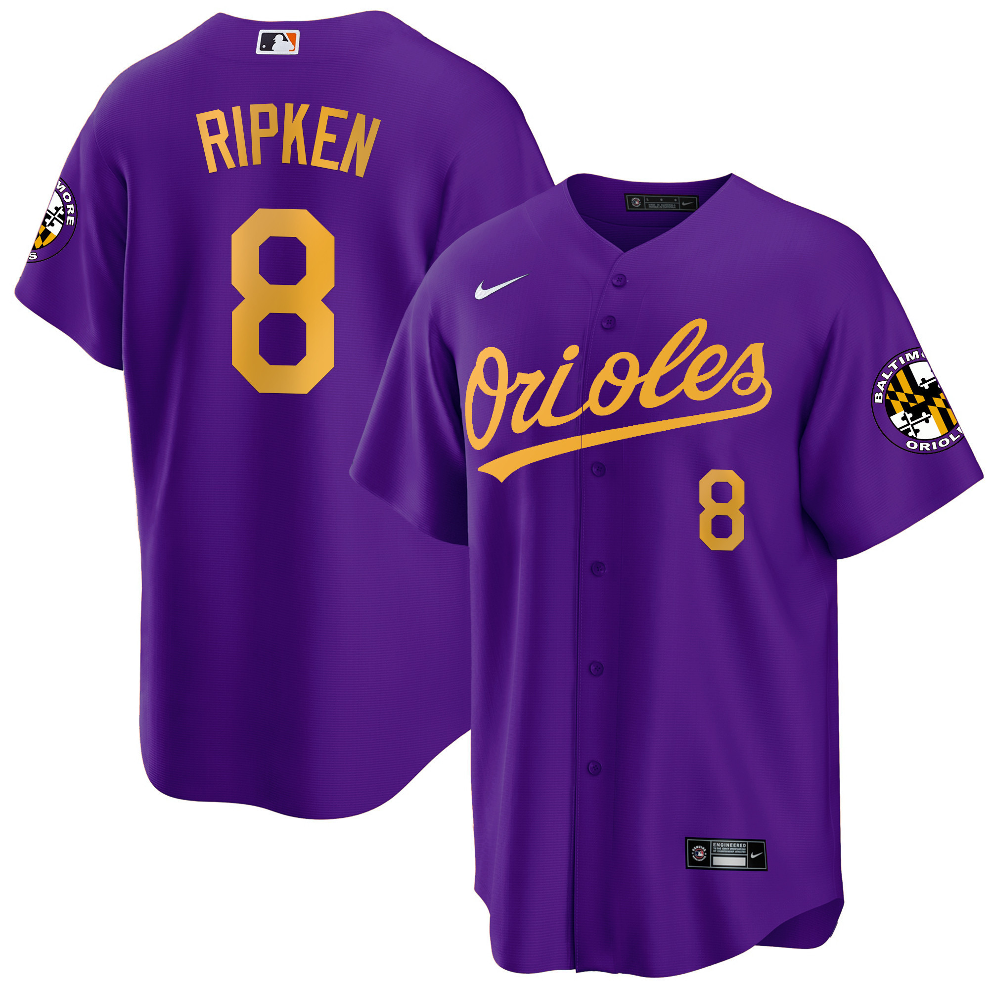 Cal Ripken Men’s Baltimore Orioles 2023 Special Gold Cool Purple Gold Jersey - All Stitched