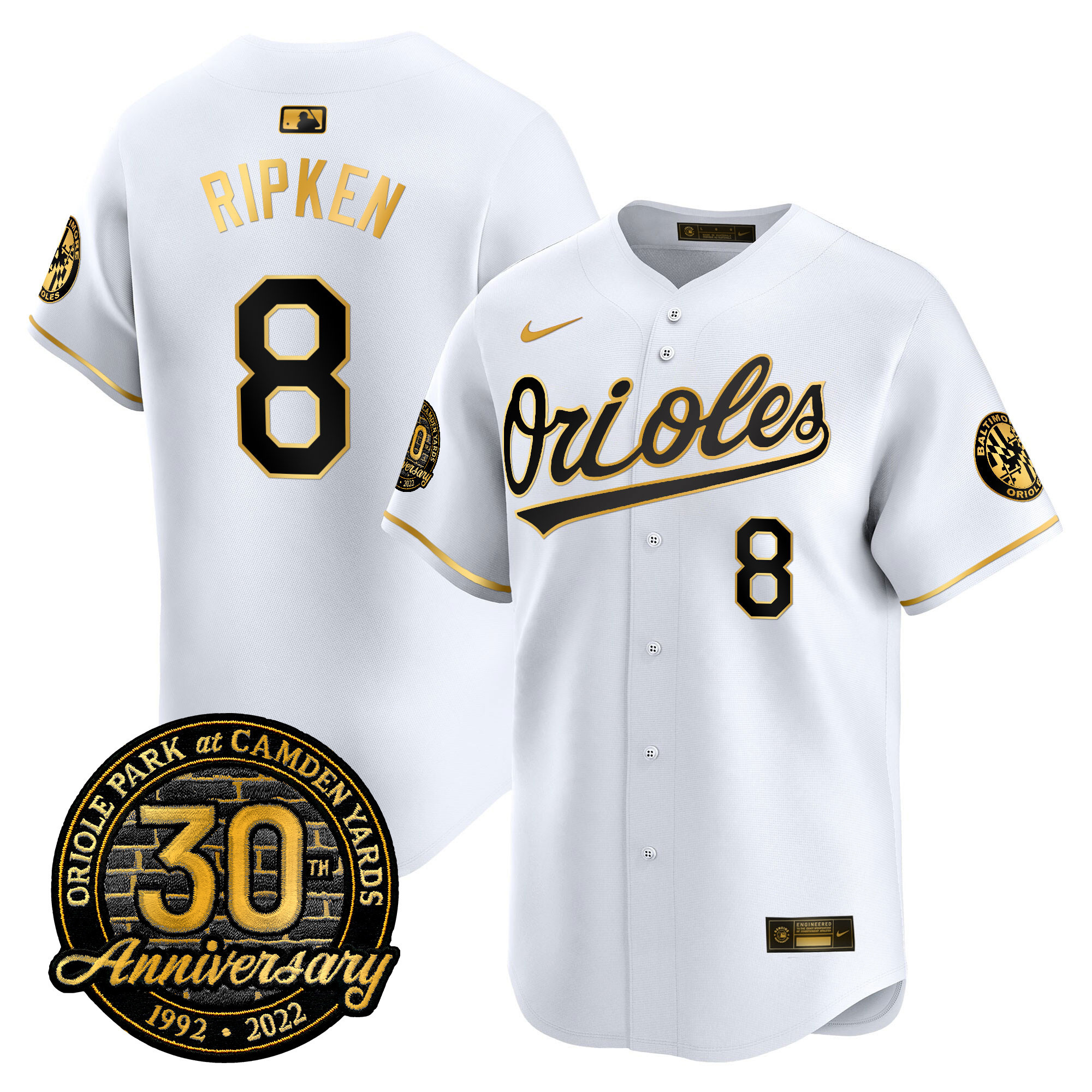 Cal Ripken Men’s Baltimore Orioles Camden Yards 30th Anniversary Patch Vapor Premier Limited White Gold Jersey - All Stitched