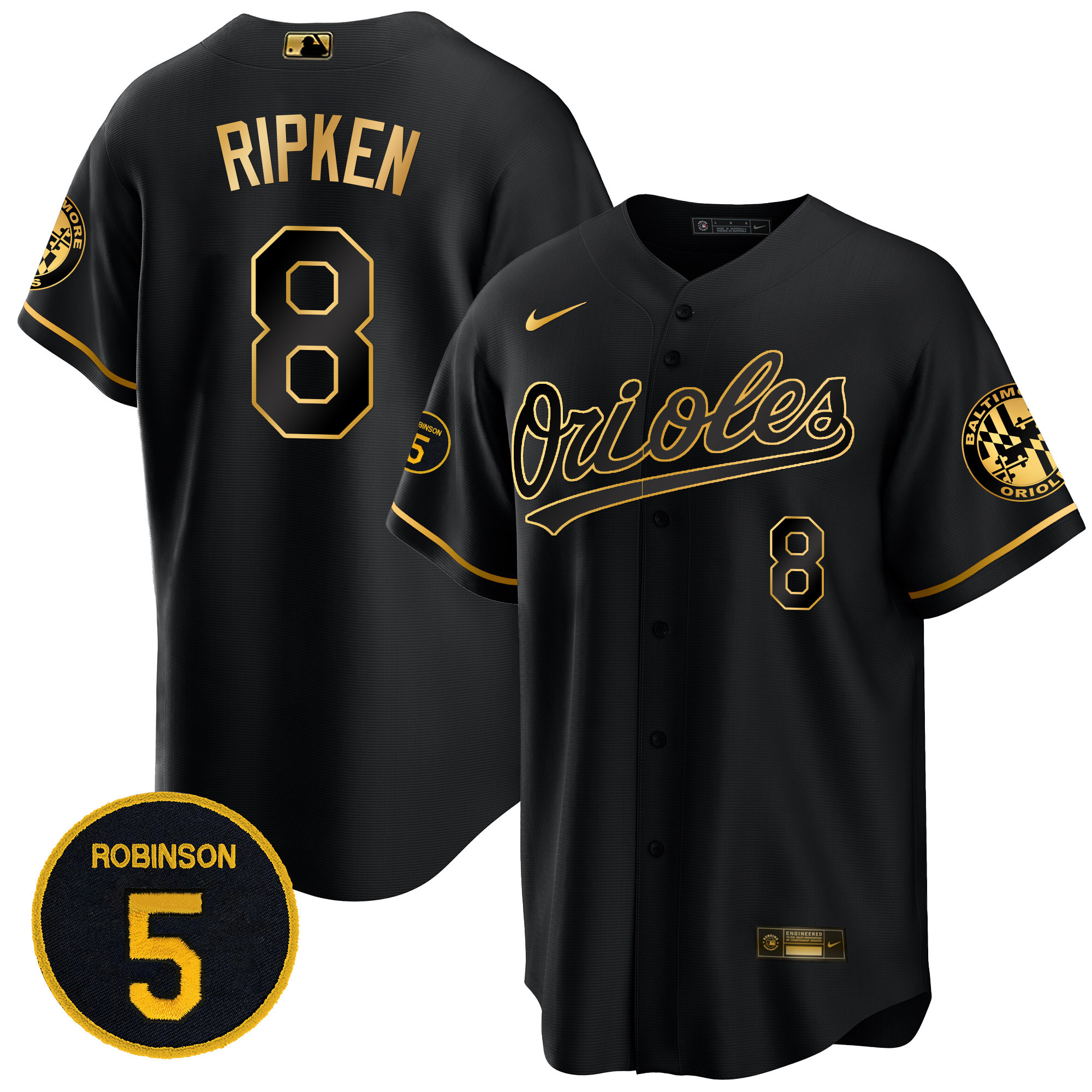Cal Ripken Men’s Baltimore Orioles Robinson Patch Cool Base Black Gold Jersey - All Stitched
