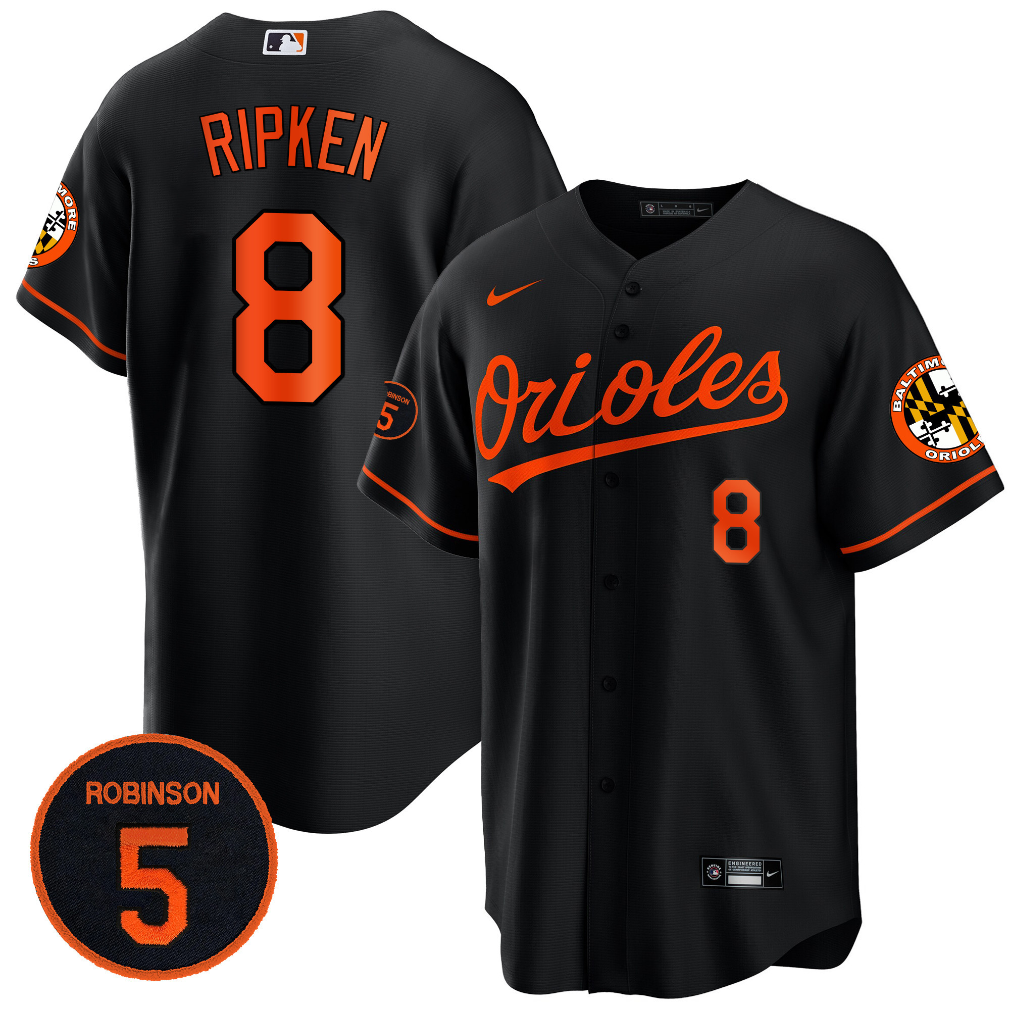 Cal Ripken Men’s Baltimore Orioles Robinson Patch Cool Base Black Jersey - All Stitched