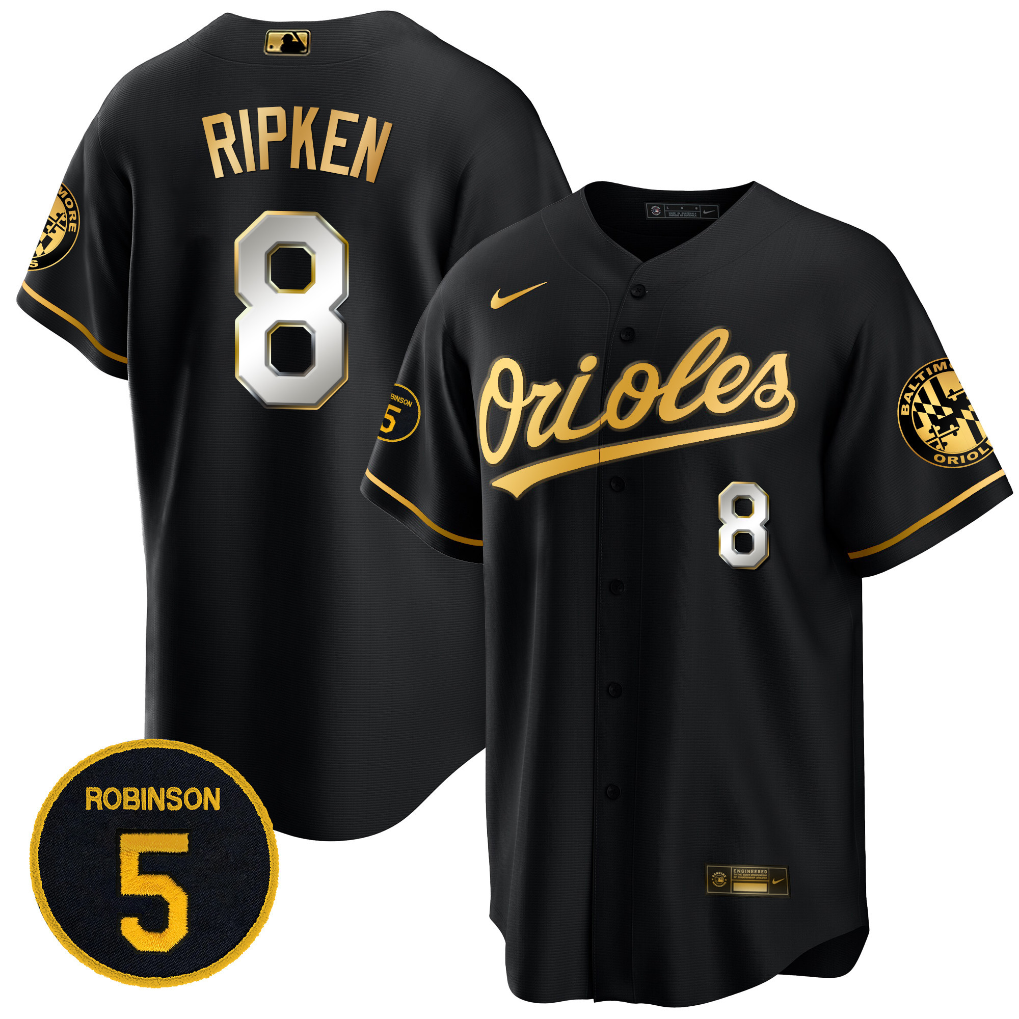 Cal Ripken Men’s Baltimore Orioles Robinson Patch Cool Base Black Limited Jersey - All Stitched