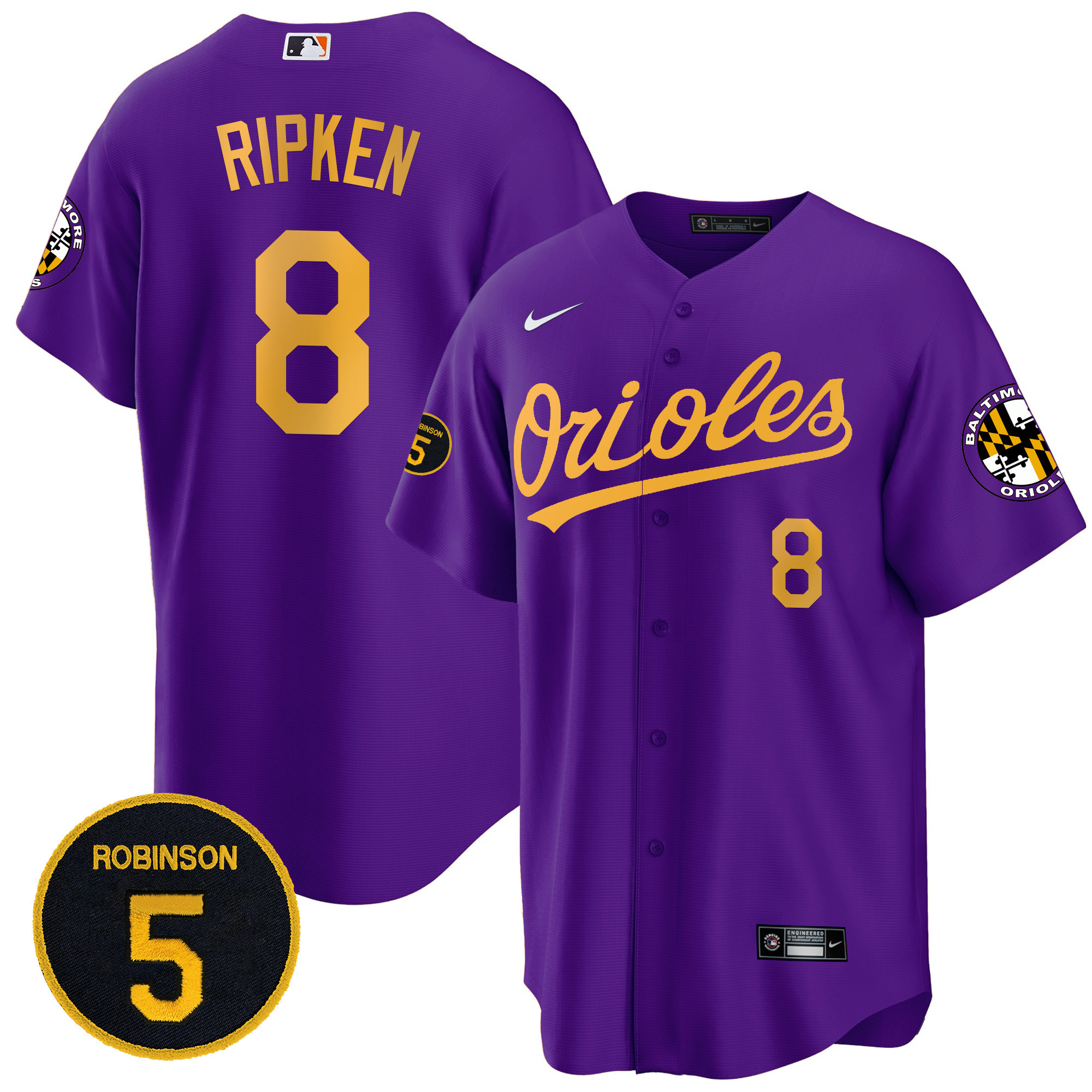 Cal Ripken Men’s Baltimore Orioles Robinson Patch Cool Base Purple Gold Jersey - All Stitched